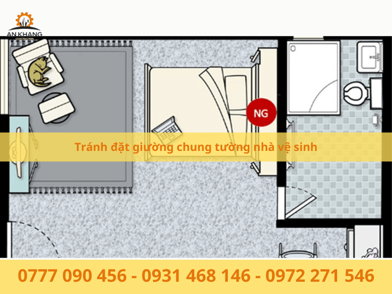 Tránh đặt giường chung tường nhà vệ sinh